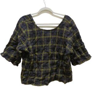 GRAVEL & GOLD 100% Cotton Seersucker Plaid Blouse Top XL Lagenlook Boho Prairie